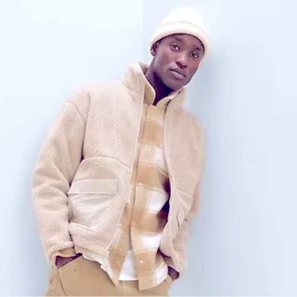 NWT GAP Men Sherpa Full-Zip Surplus Jacket Fleece Pockets Mockneck Beige $128 - Picture 2 of 8